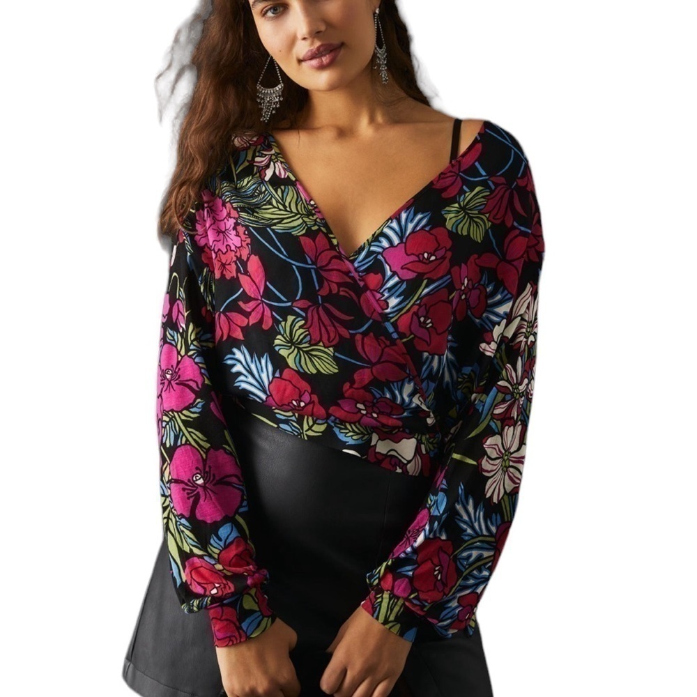 Tiny Floral Wrap Blouse Black Pink Tropical Print Long Sleeve Size Small Anthro